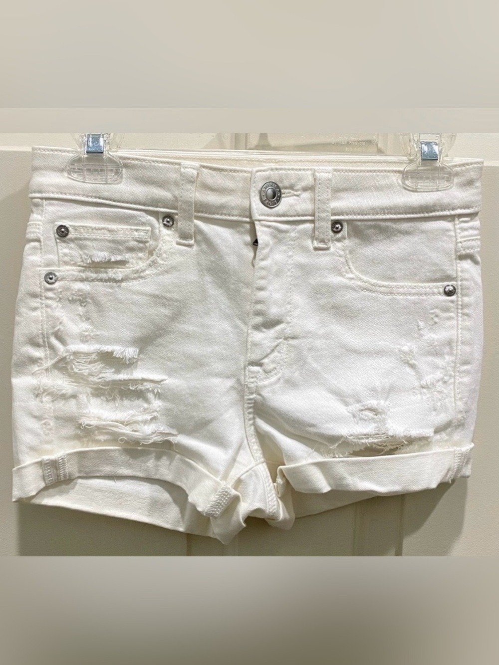 American Eagle Super Stretch HI-Rise Shortie Cream SZ 2 Distressed Jean Short